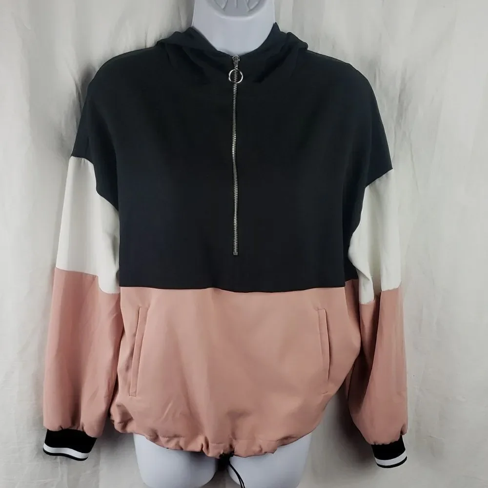 Zara Women's Small Pink Black White Colorblock Track Hooded Jacket